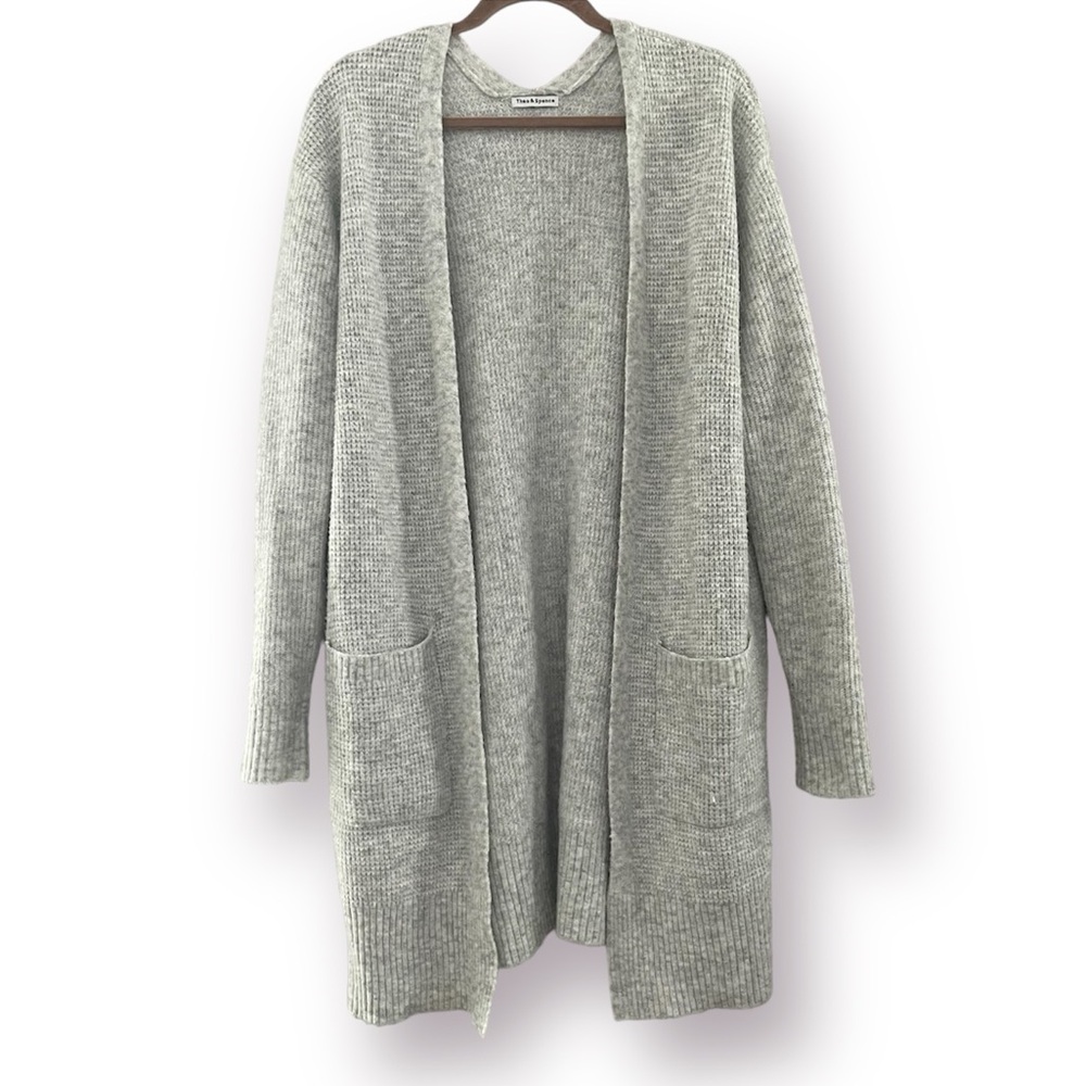THEO & SPENCE Waffle Knit Longline Open Cardigan Grey Large